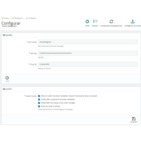 Ejemplo de configuración módulo avisos de pedidos en telegram